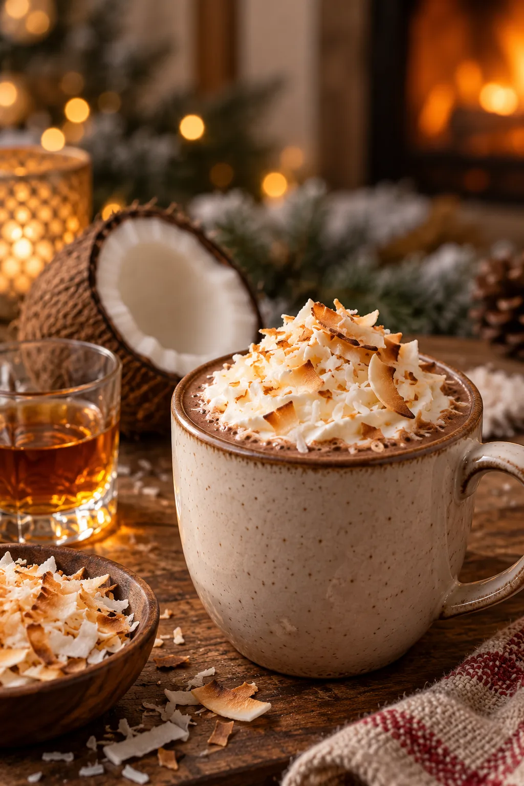 Spiked Hot Cocoa Idea: hot cocoa with toasted coconut flakes on whipped cream