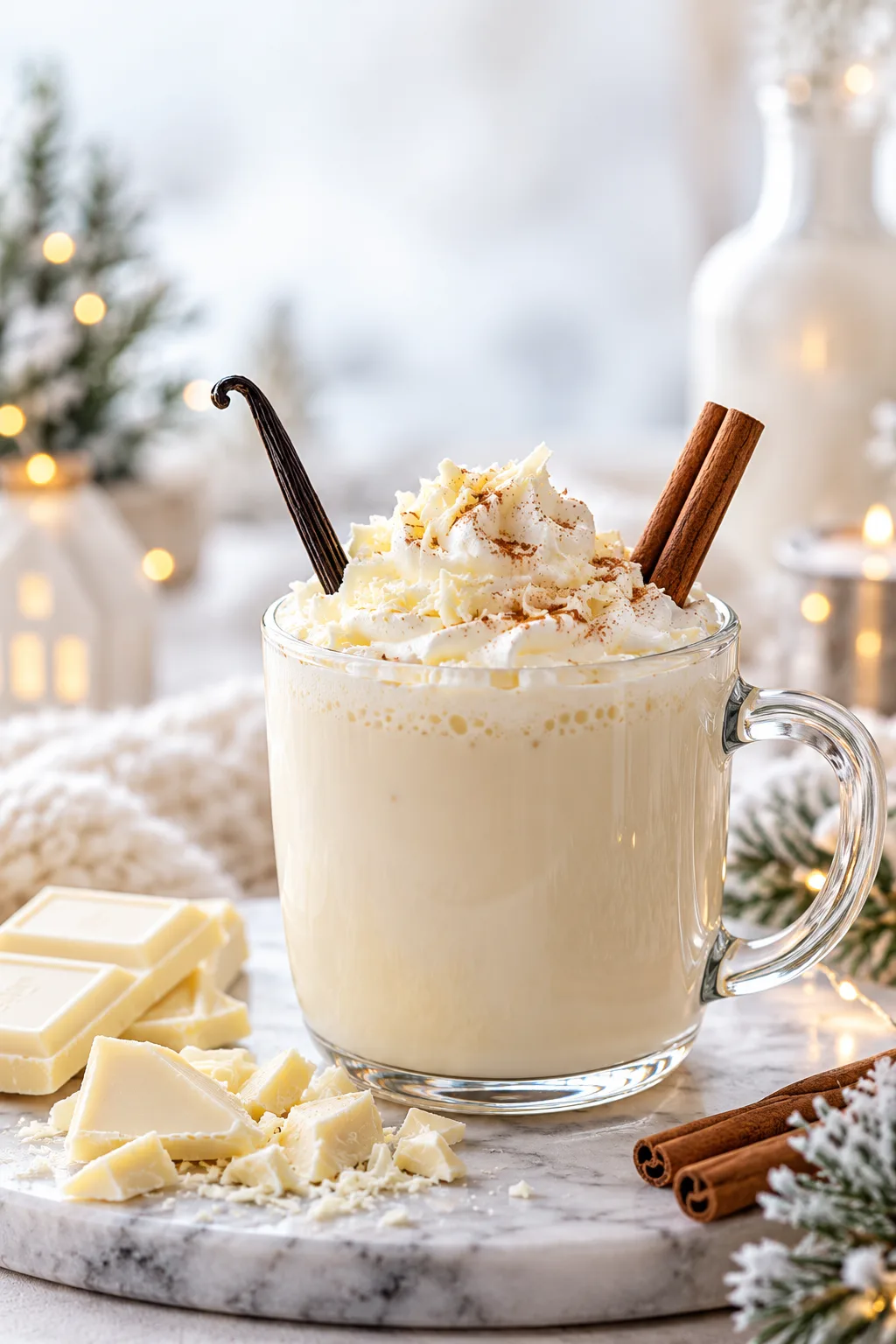 Spiked Hot Cocoa Idea: white hot chocolate in a glass mug with vanilla bean and cinnamon