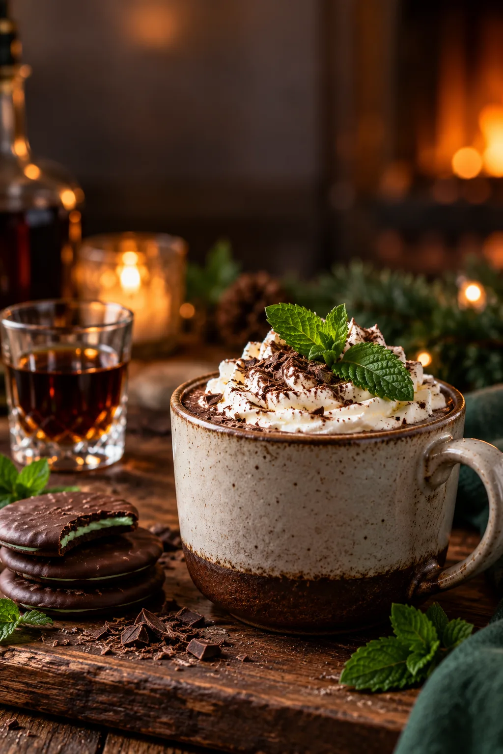 Spiked Hot Cocoa Idea: dark hot chocolate with fresh mint leaves and chocolate mint wafers