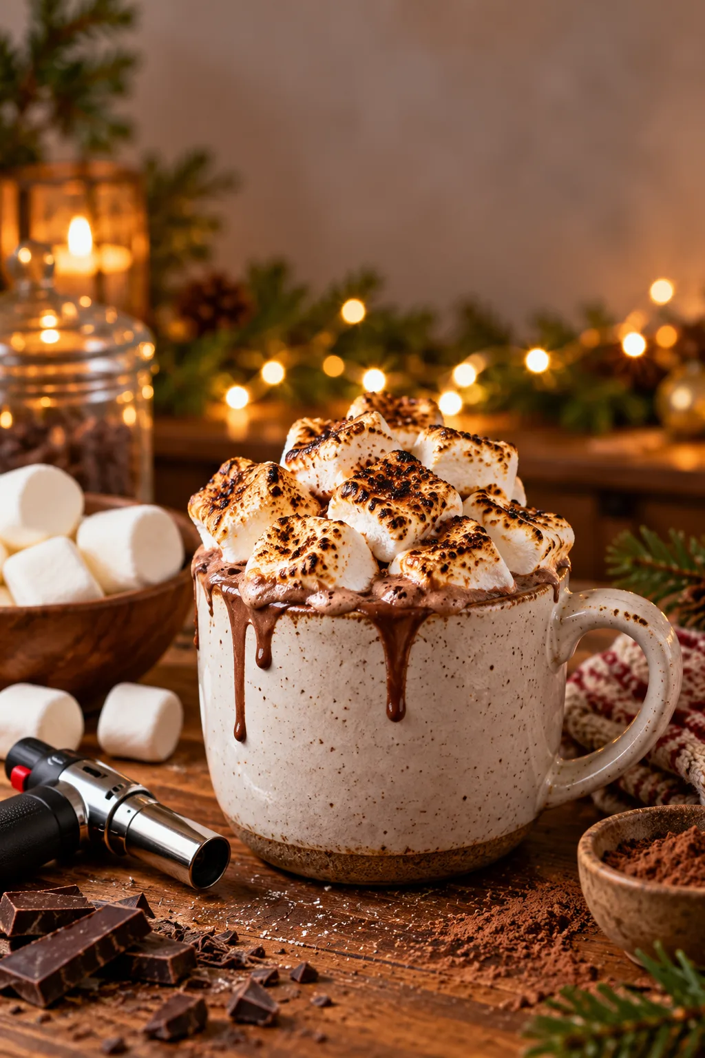Spiked Hot Cocoa Idea: hot cocoa piled with toasted marshmallows beside a small torch