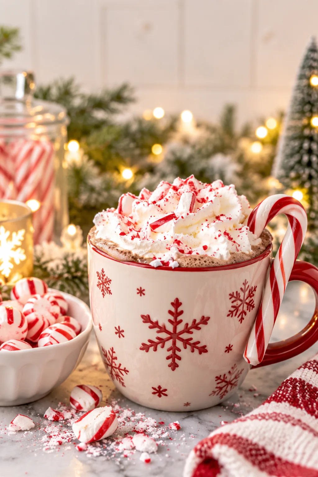 Spiked Hot Cocoa Idea: hot cocoa with crushed peppermint candy on whipped cream and a candy cane stirrer