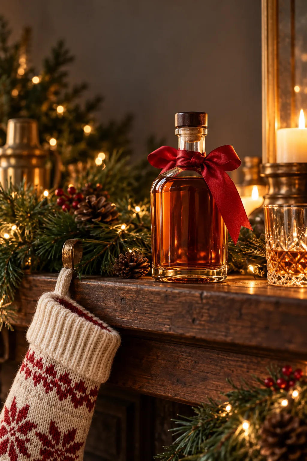 Stocking Stuffer for Whiskey Lovers: small 375 ml half bottle of bourbon with a bow next to a stocking