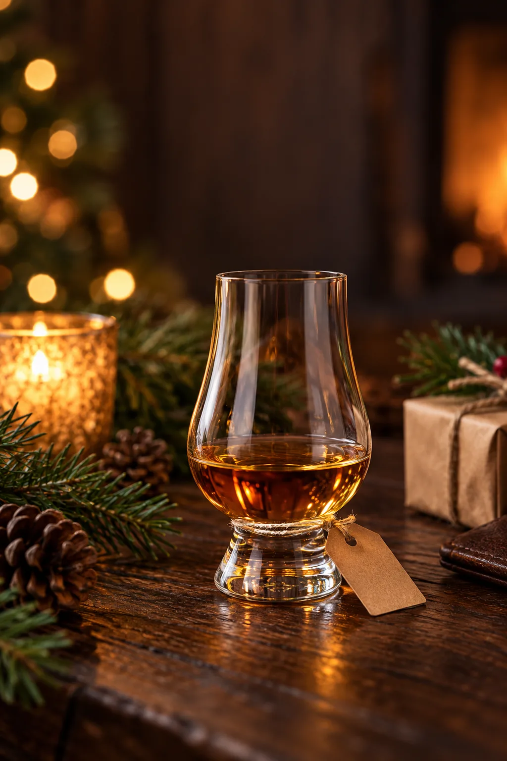 Stocking Stuffer for Whiskey Lovers: tulip-shaped whisky tasting glass with a gift tag on a wooden table