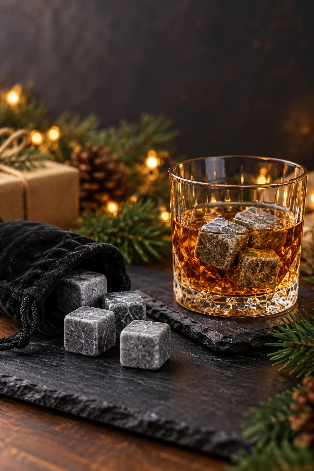 Stocking Stuffer for Whiskey Lovers: set of soapstone whiskey stones in a small velvet pouch beside a glass