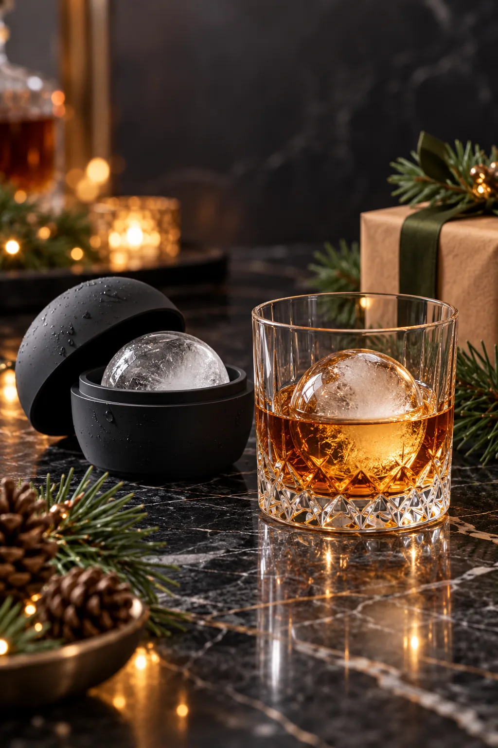 Stocking Stuffer for Whiskey Lovers: silicone ice sphere mold next to a clear ice sphere in a rocks glass