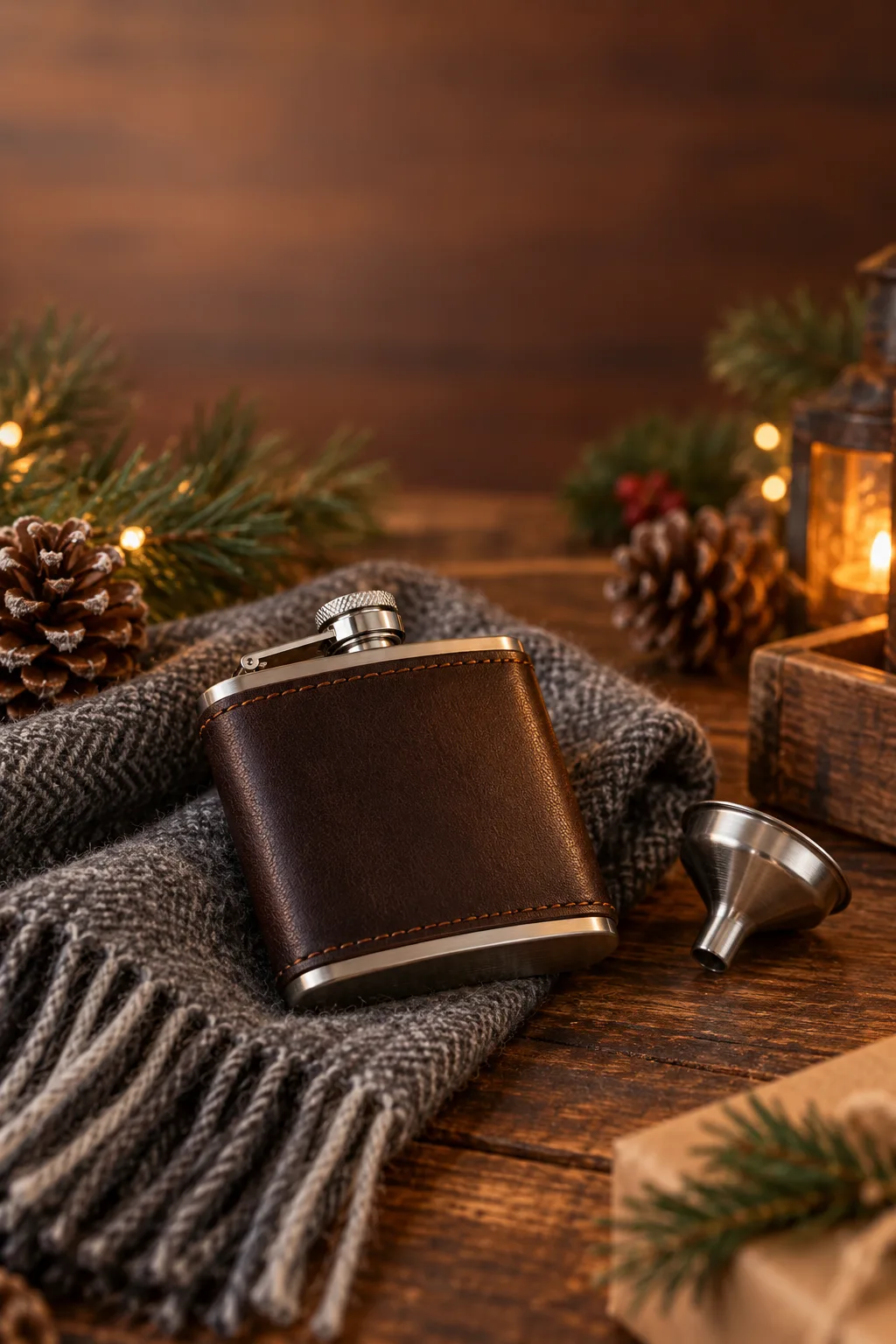Stocking Stuffer for Whiskey Lovers: stainless steel pocket flask with a leather wrap on a wool scarf