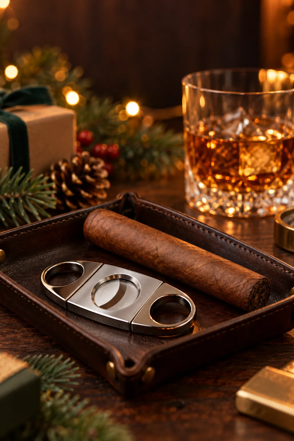 Stocking Stuffer for Whiskey Lovers: double-blade cigar cutter beside a single cigar on a leather tray