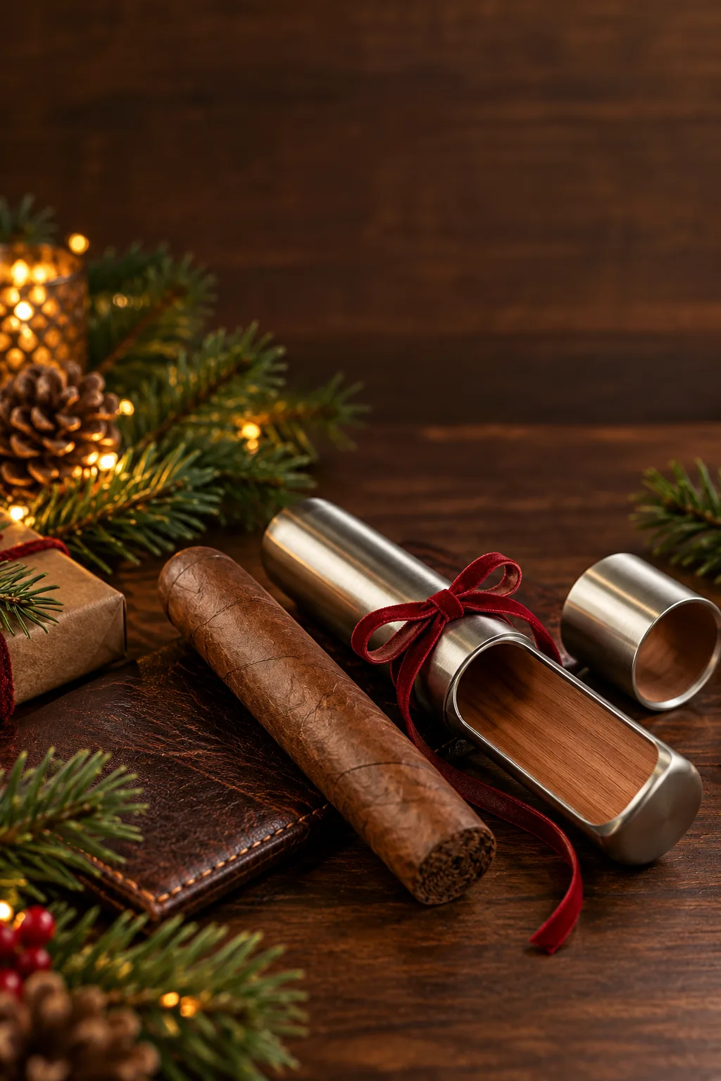 Stocking Stuffer for Whiskey Lovers: single premium cigar in a cedar-lined tube with a red ribbon