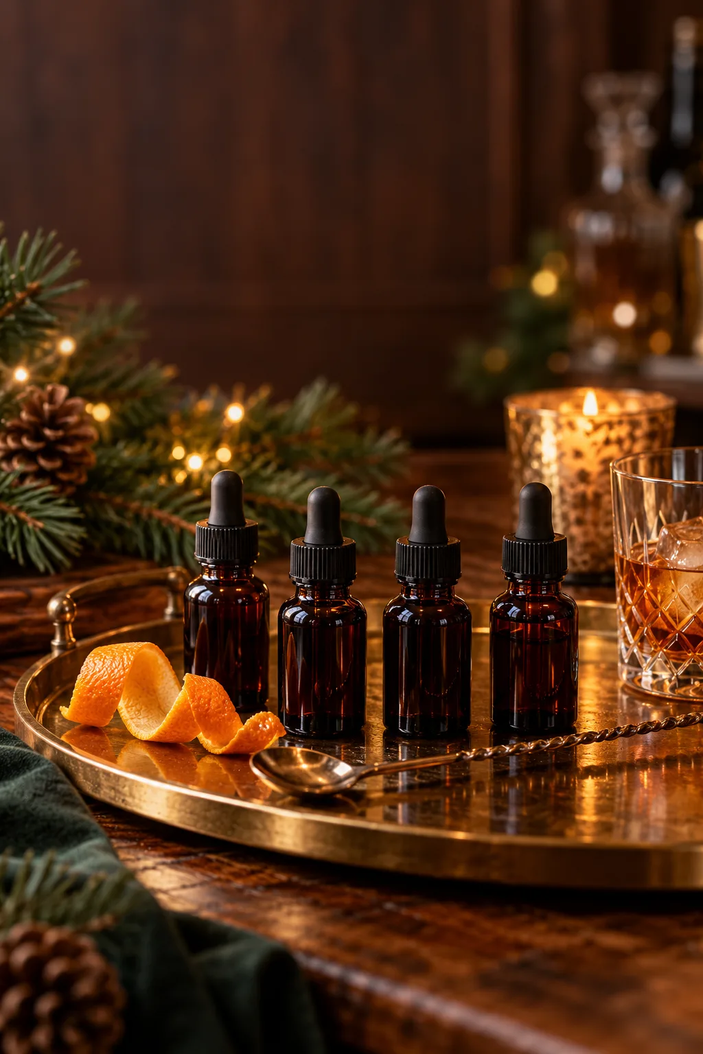 Stocking Stuffer for Whiskey Lovers: set of small cocktail bitters bottles with droppers on a bar tray