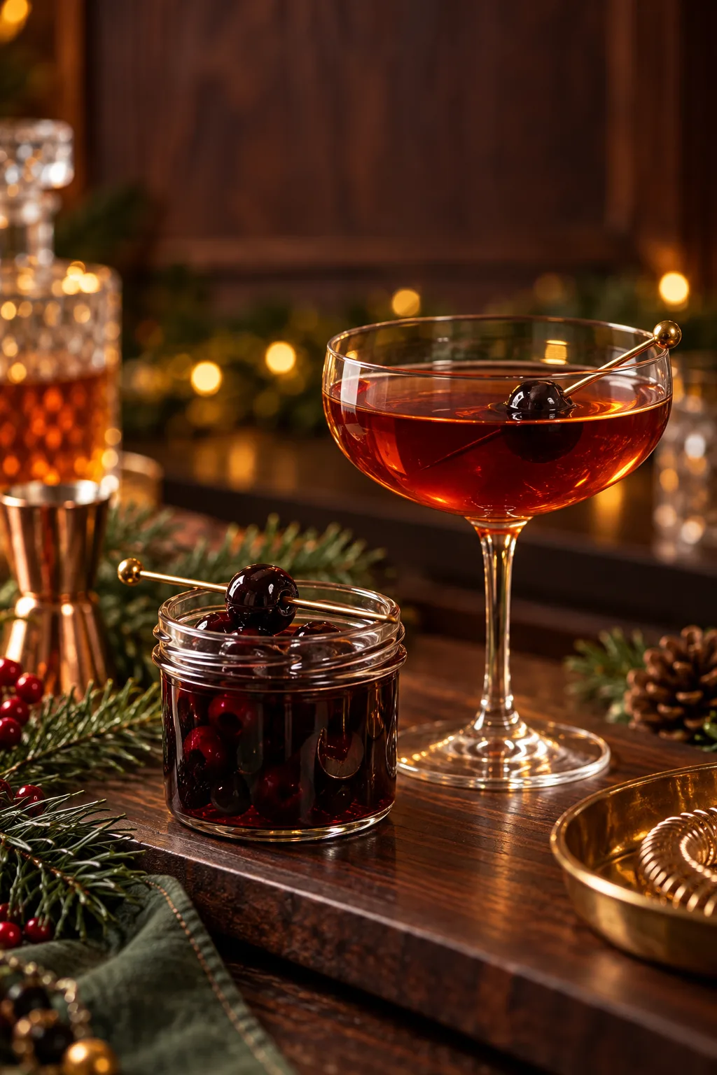 Stocking Stuffer for Whiskey Lovers: small jar of dark cocktail cherries with a pick and a Manhattan