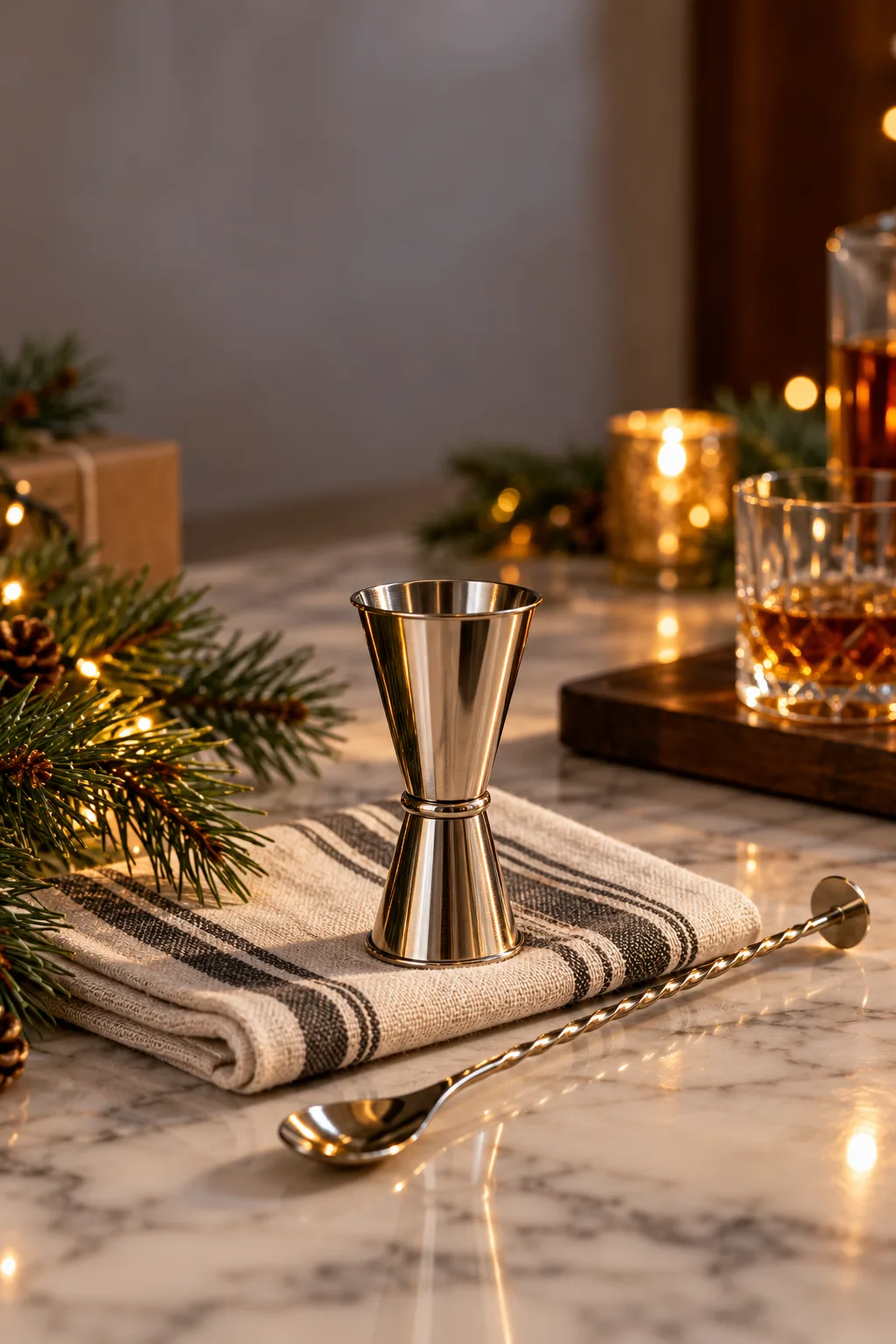 Stocking Stuffer for Whiskey Lovers: slim double-sided cocktail jigger on a folded bar towel