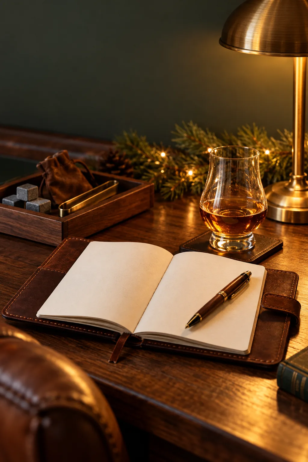 Stocking Stuffer for Whiskey Lovers: small leather tasting journal and pen beside a glass of whiskey