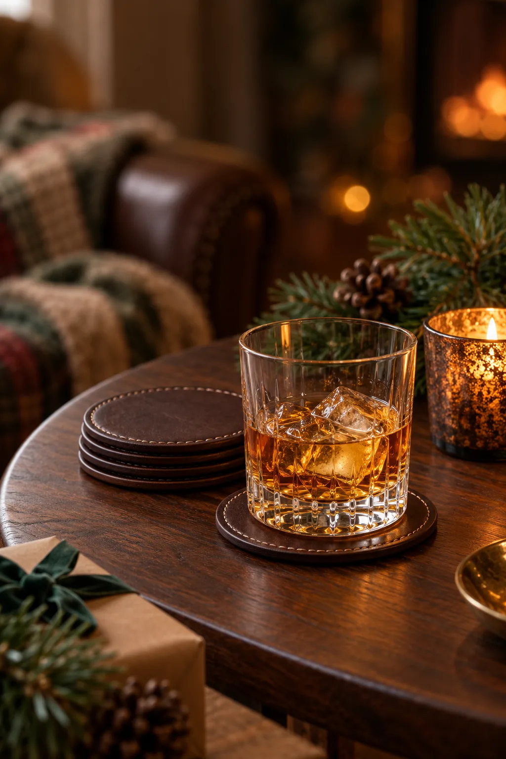 Stocking Stuffer for Whiskey Lovers: stack of dark leather coasters with a rocks glass on top