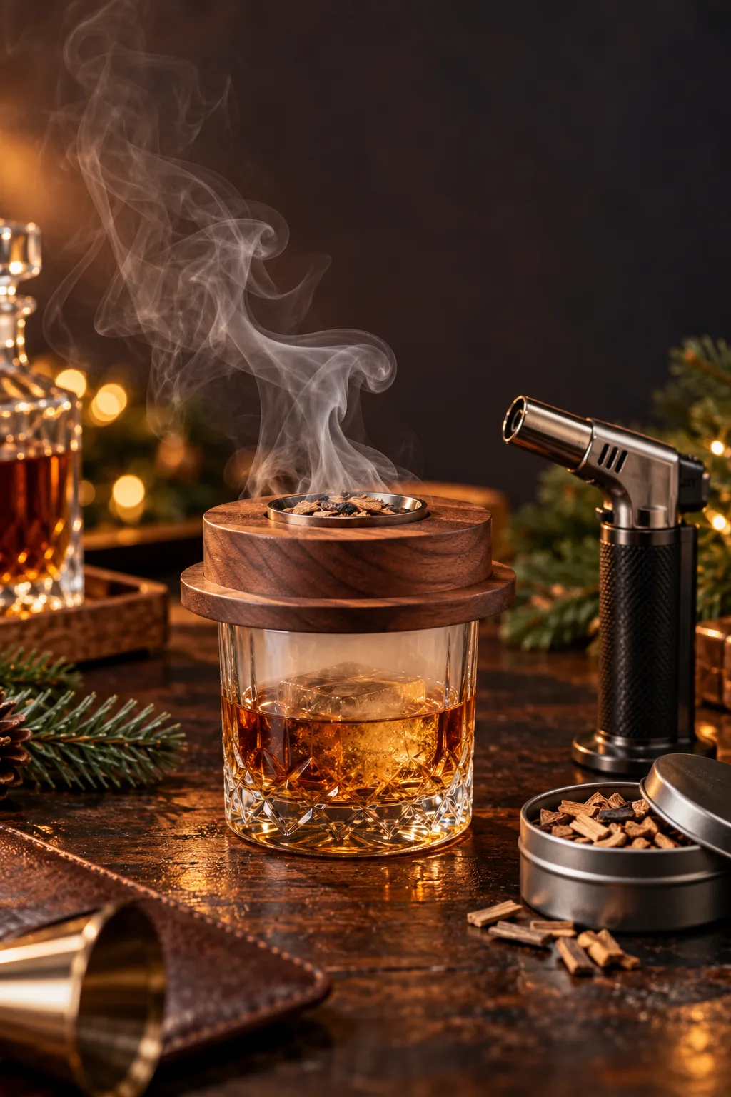 Stocking Stuffer for Whiskey Lovers: cocktail smoker top on a rocks glass with wood chips and a torch