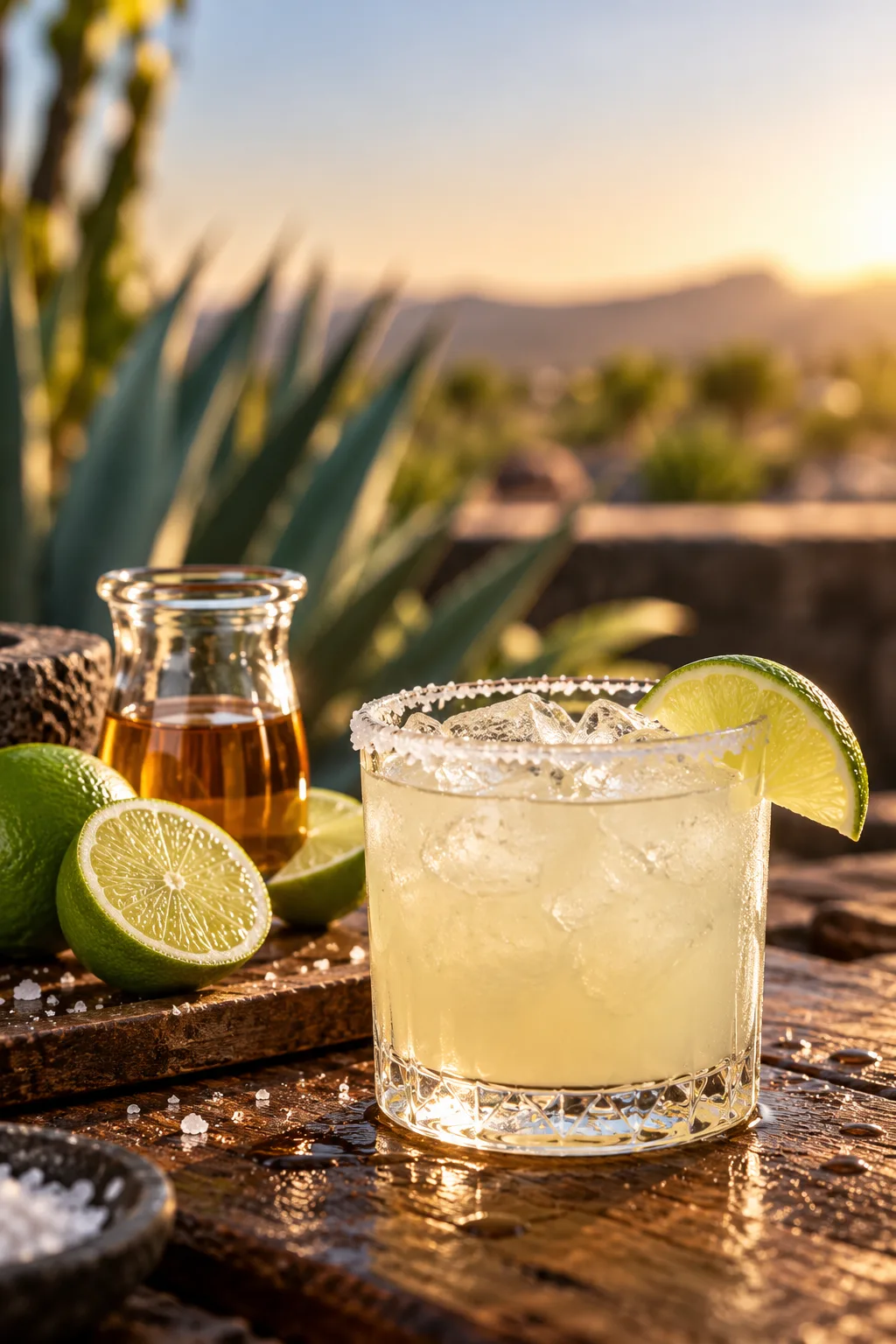 Tequila Cocktail: tommy's margarita with agave syrup and lime in a rocks glass