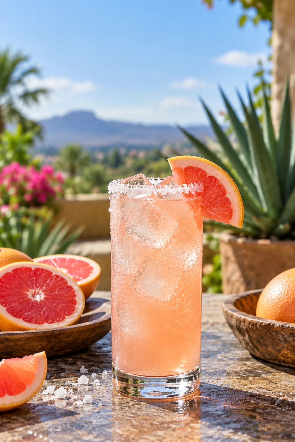 Tequila Cocktail: paloma cocktail in a tall glass with grapefruit wedge and salt rim