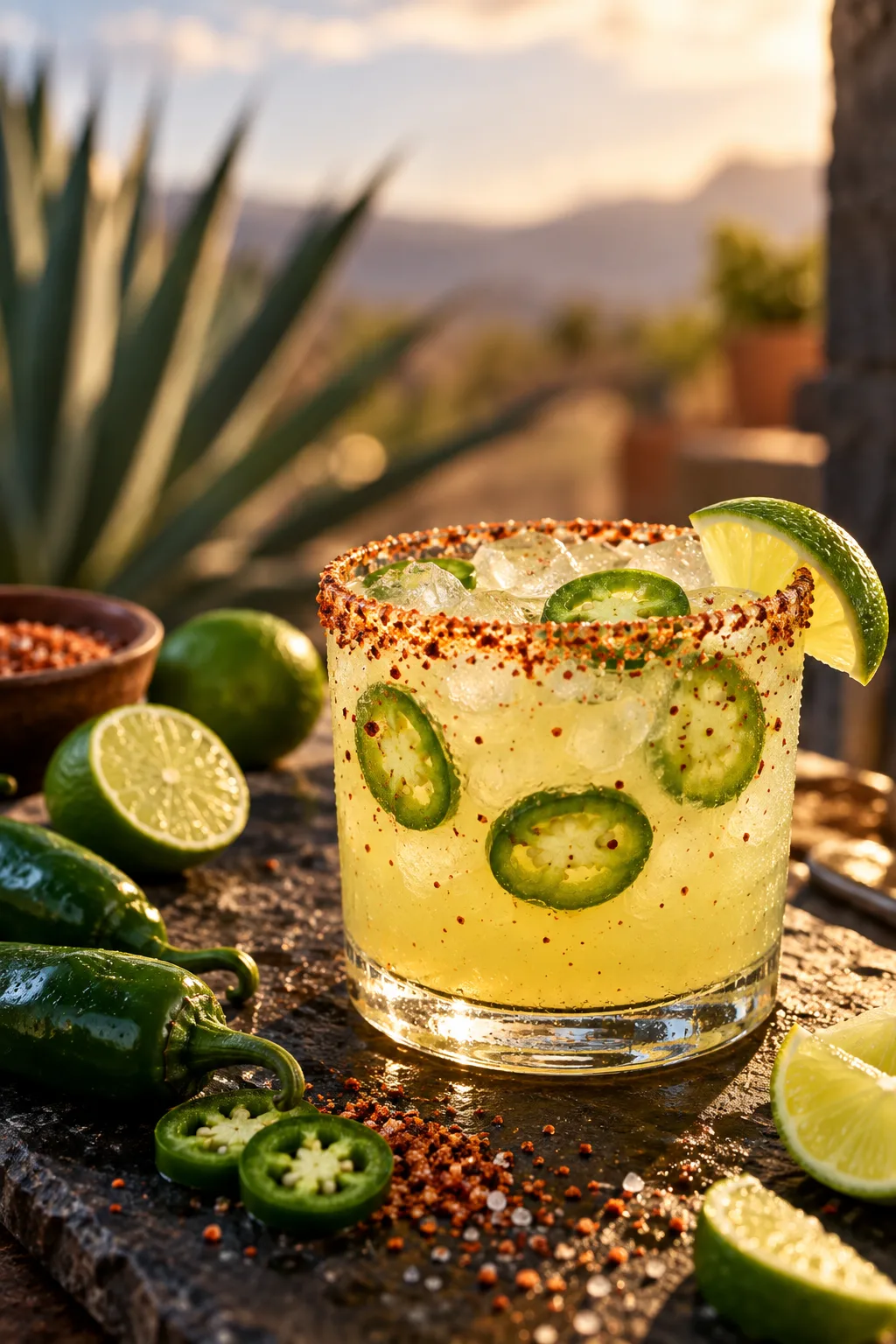 Tequila Cocktail: spicy margarita with jalapeño slices and a tajín rim