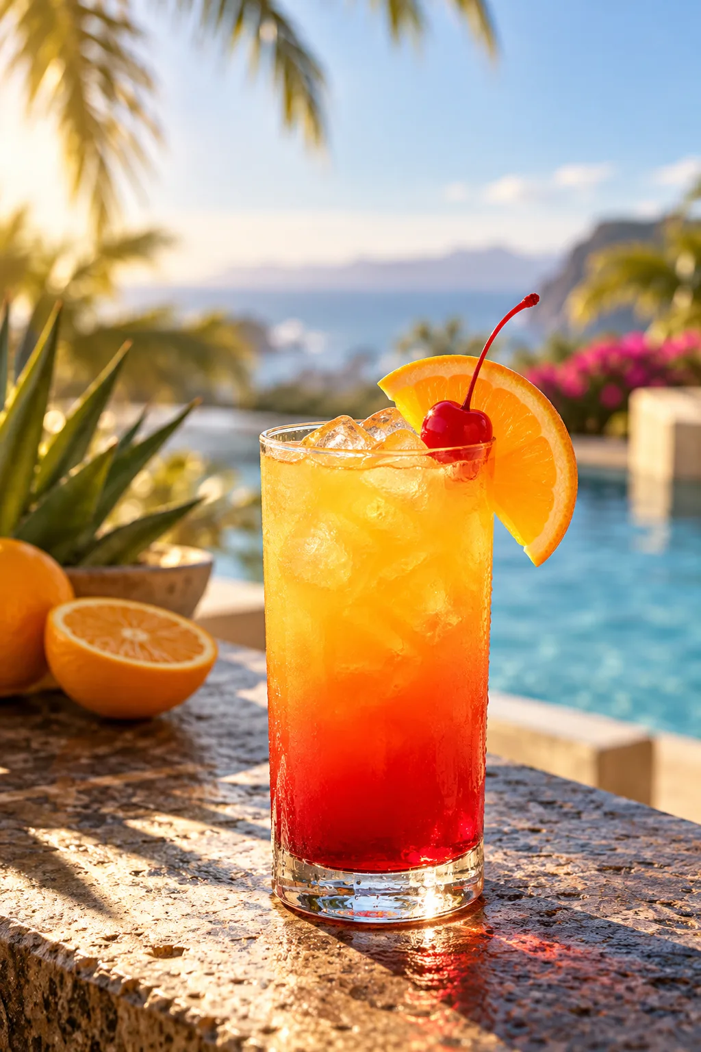 Tequila Cocktail: tequila sunrise in a highball glass with orange and red gradient