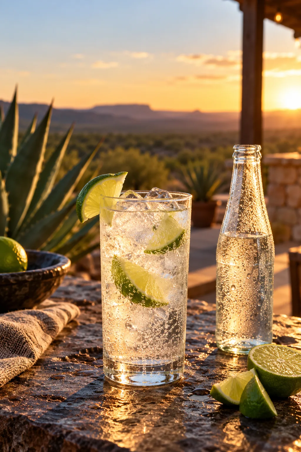 Tequila Cocktail: ranch water in a tall glass with lime and sparkling mineral water