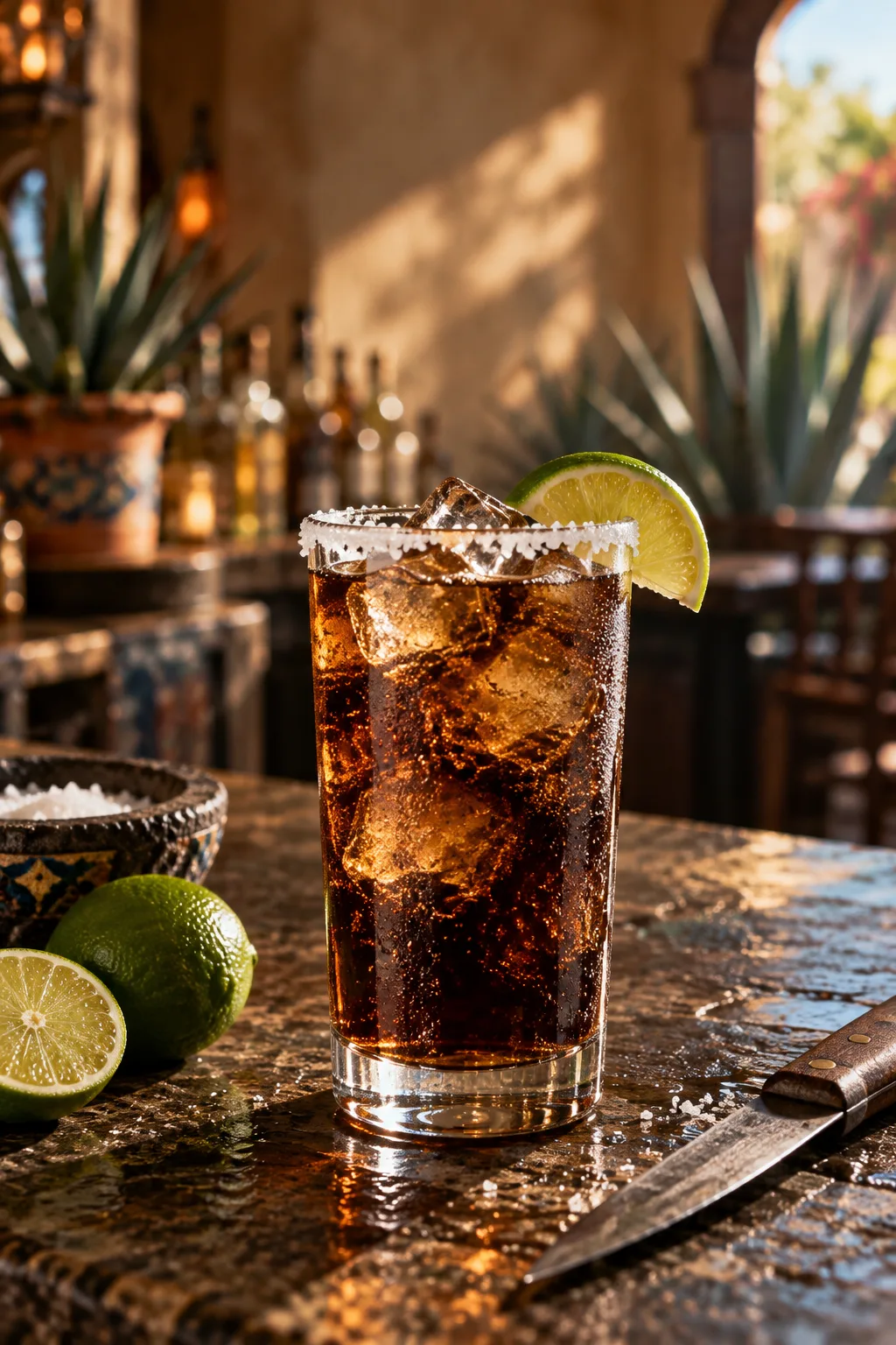 Tequila Cocktail: batanga cocktail with cola, lime and a salt rim in a tall glass