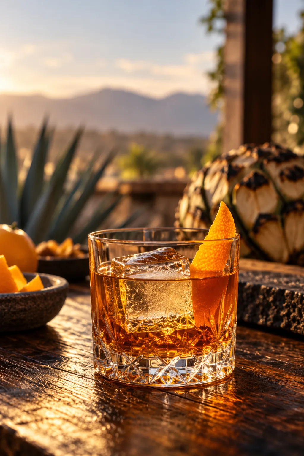 Tequila Cocktail: añejo tequila old fashioned with an orange peel over a large ice cube