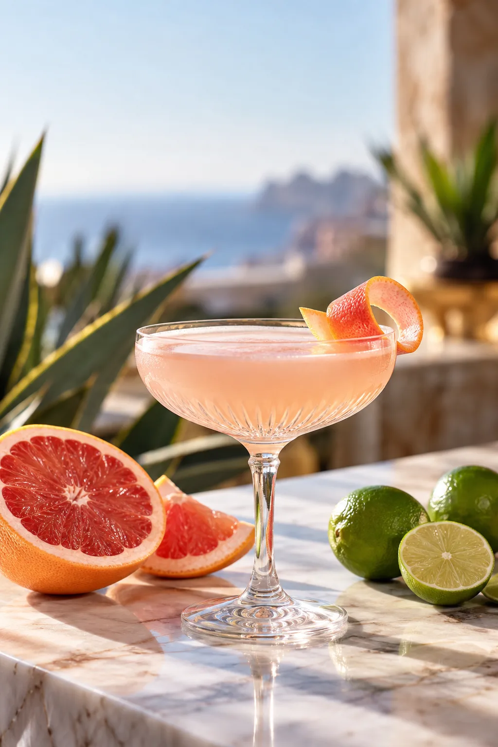 Tequila Cocktail: siesta cocktail in a coupe, pink from Campari and grapefruit