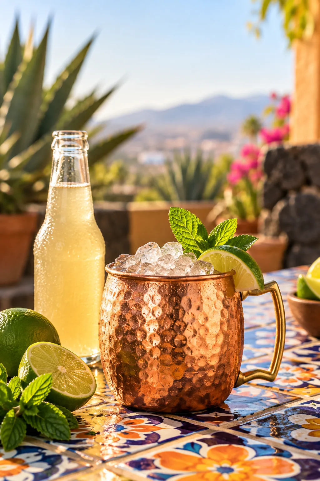Tequila Cocktail: mexican mule in a copper mug with lime and mint