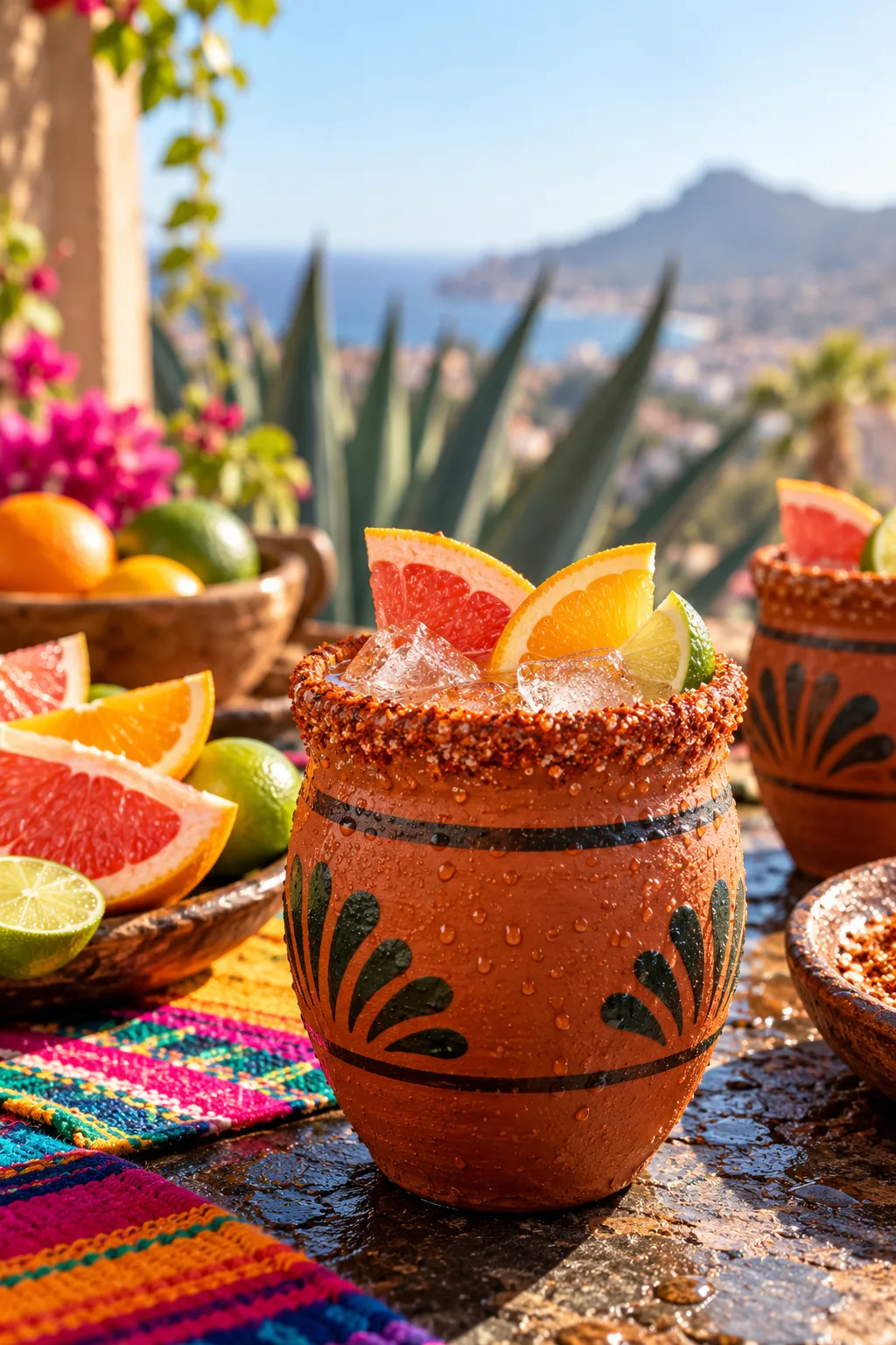 Tequila Cocktail: cantarito served in a clay cup with citrus wedges and a salt rim