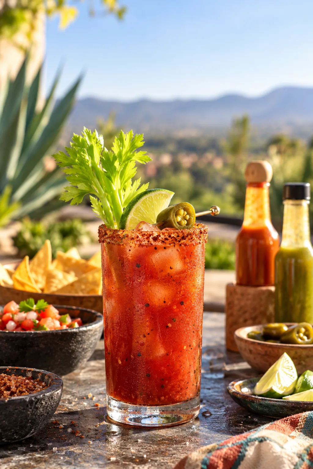 Tequila Cocktail: bloody Maria with celery, lime and a chili-salt rim