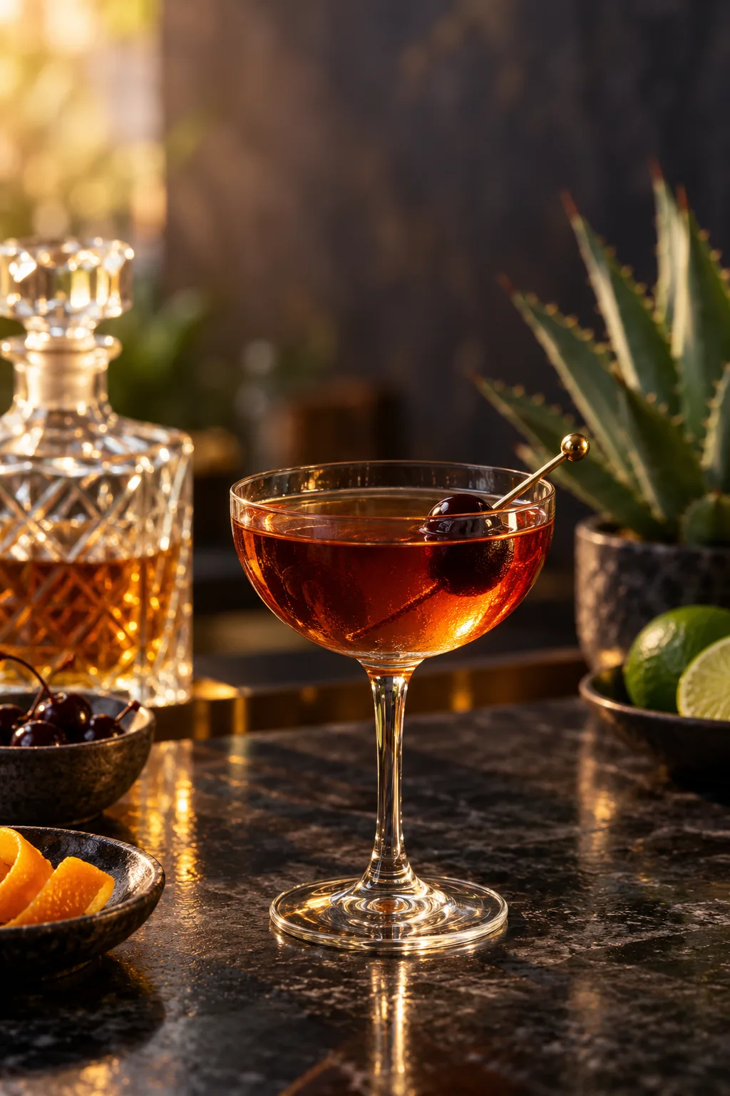 Tequila Cocktail: reposado tequila Manhattan in a Nick and Nora glass with a cherry