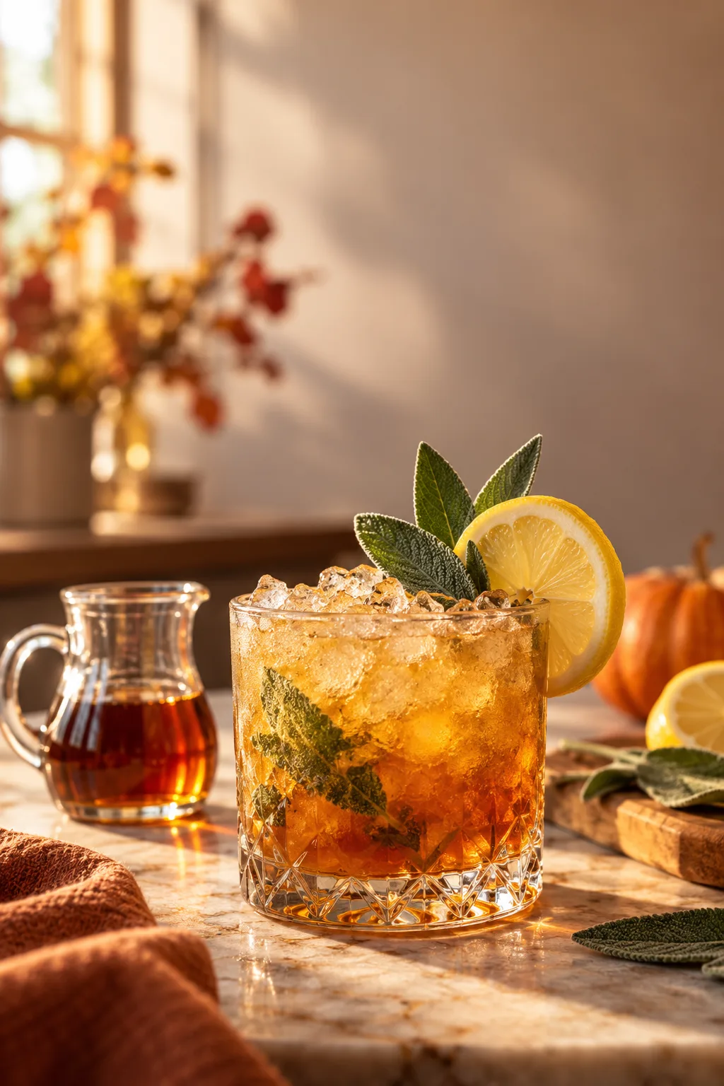 Maple bourbon smash over crushed ice with fresh sage and a lemon wheel
