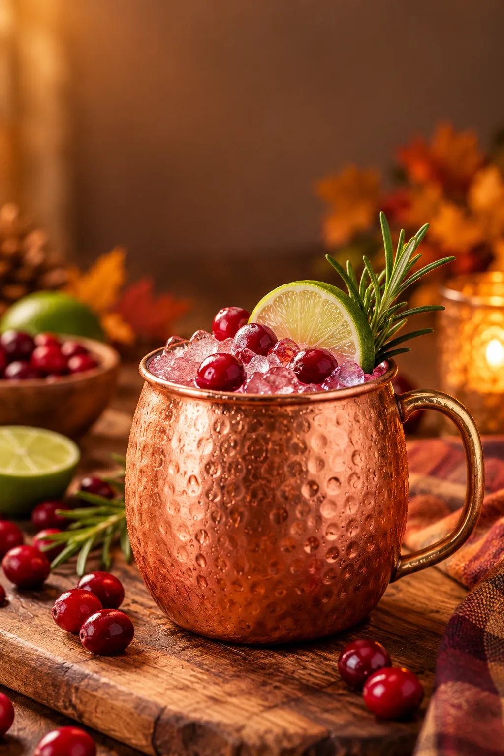 Cranberry Moscow mule in a copper mug with fresh cranberries and rosemary