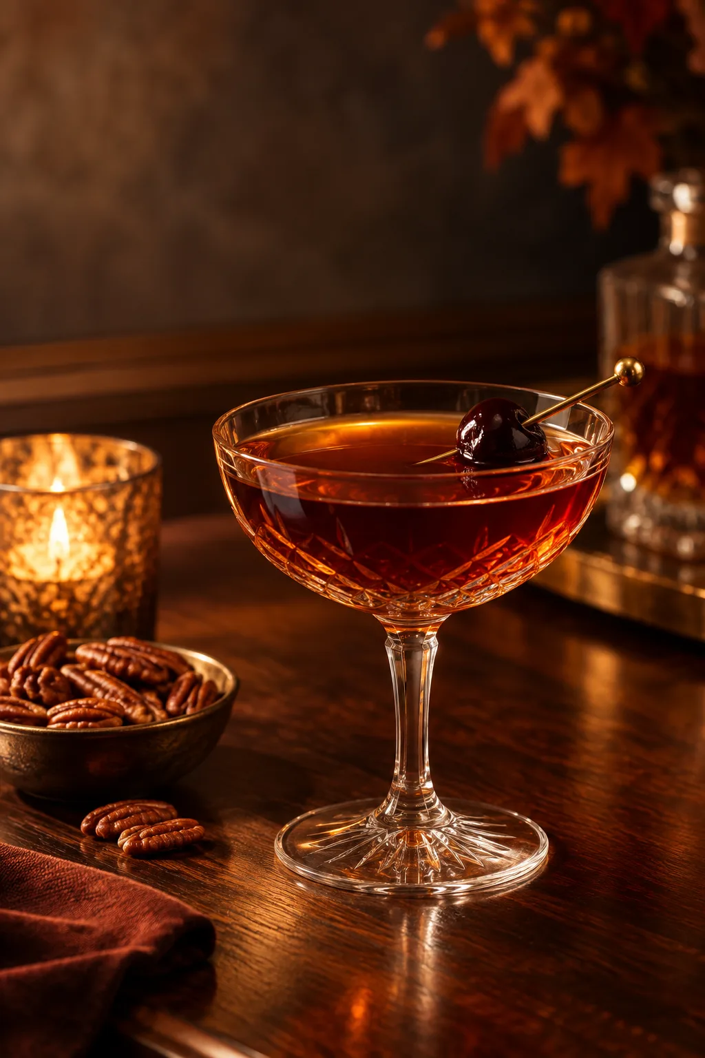 Rye Manhattan in a coupe with a brandied cherry on a dark wood bar