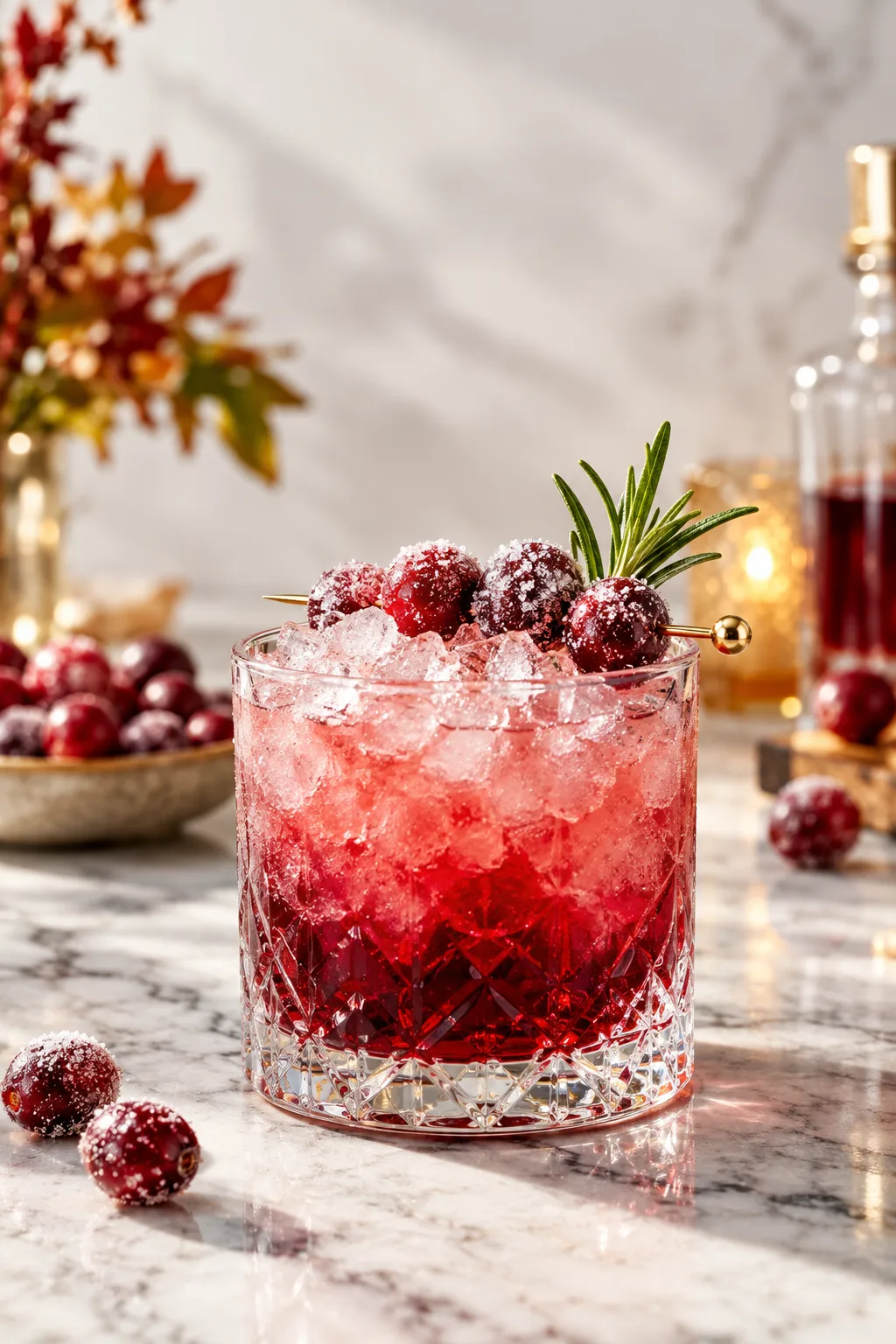 Cranberry gin bramble over crushed ice with sugared cranberries