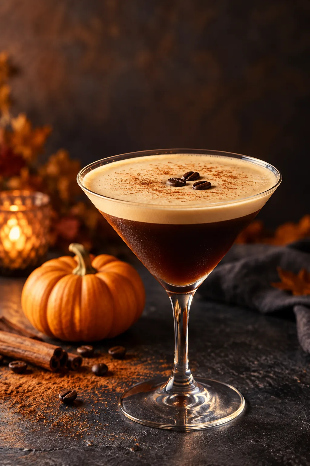 Pumpkin espresso martini with a thick foam top and three coffee beans