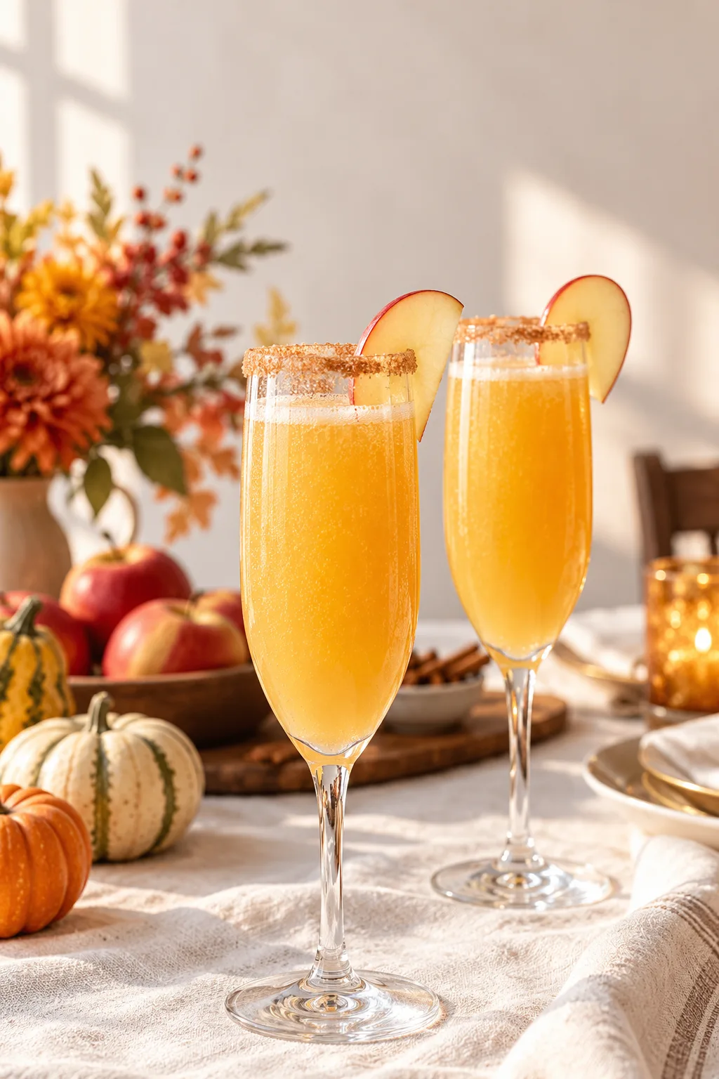 Apple cider mimosas in champagne flutes with cinnamon sugar rims