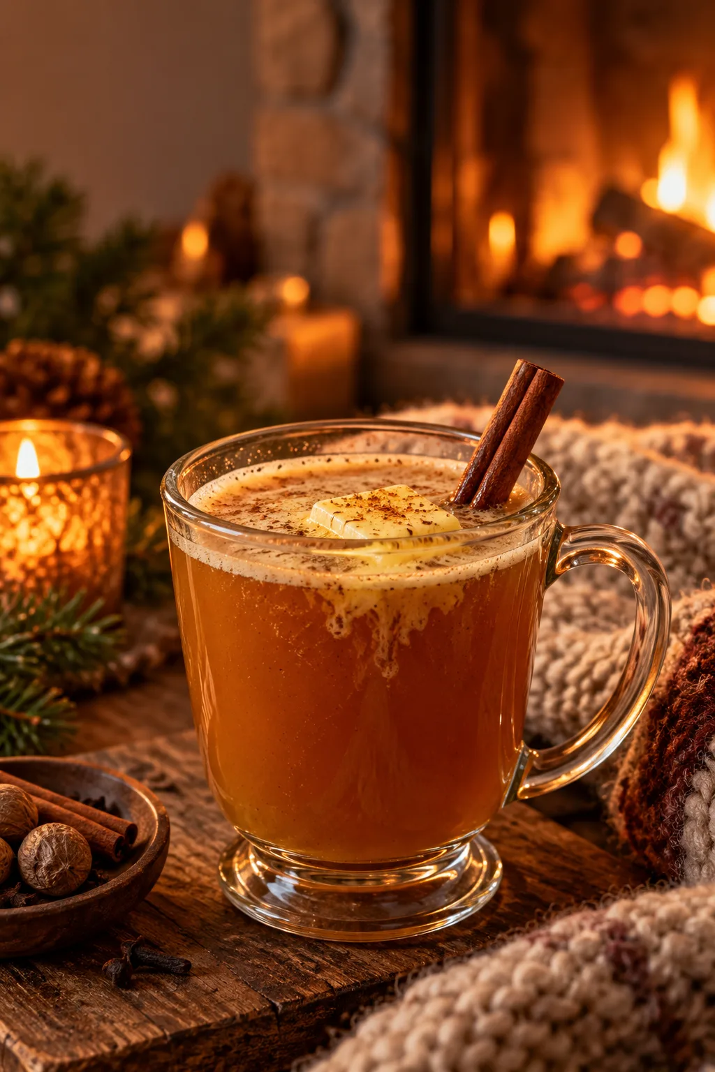 Hot buttered rum in a glass mug with a cinnamon stick by a fireplace