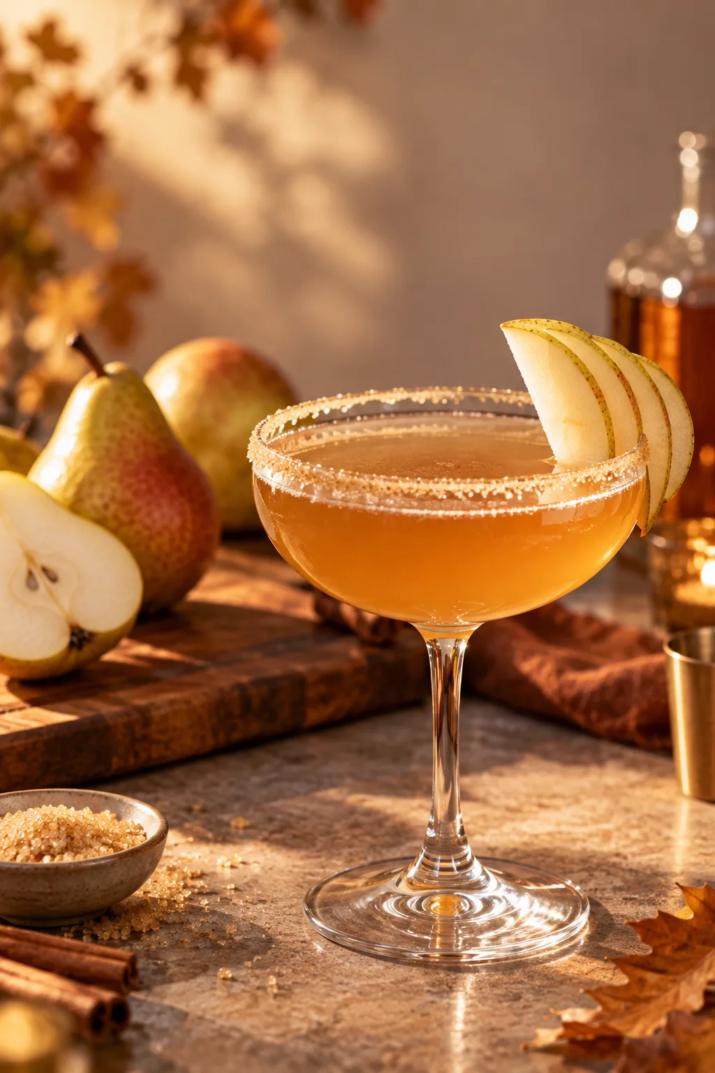 Pear bourbon sidecar in a sugar-rimmed coupe with a thin pear slice