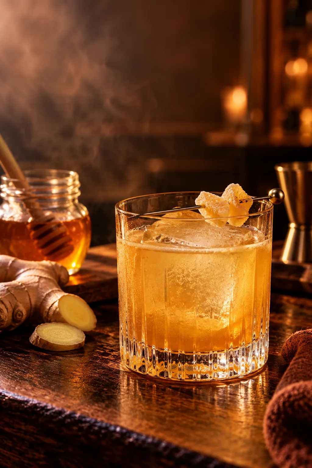 Penicillin cocktail with candied ginger over a large ice cube