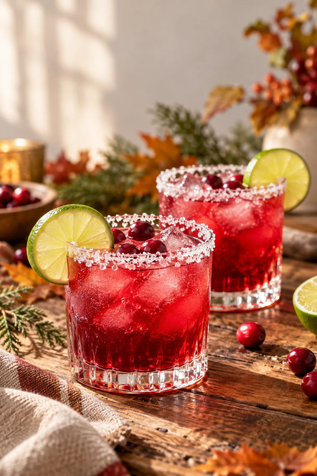 Cranberry margaritas with salted rims, lime wheels and fresh cranberries