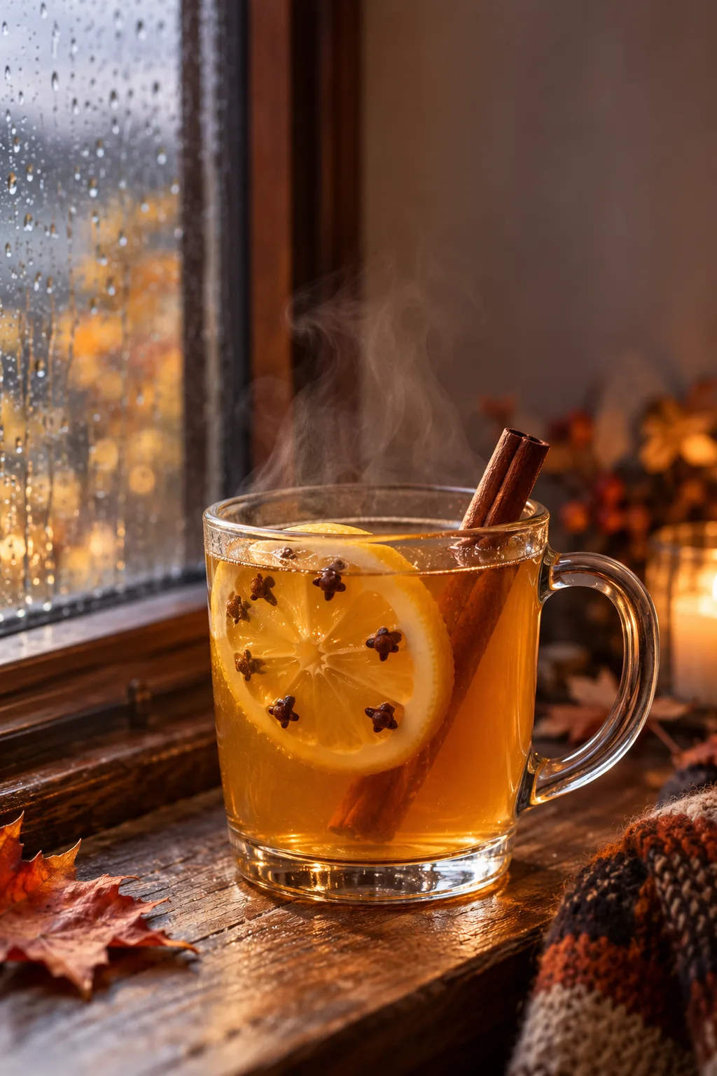 Bourbon hot toddy in a glass mug with a lemon wheel studded with cloves