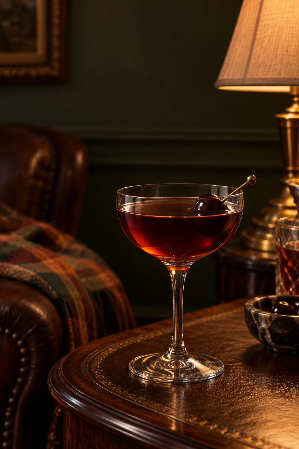 Black Manhattan in a Nick and Nora glass with a dark cherry