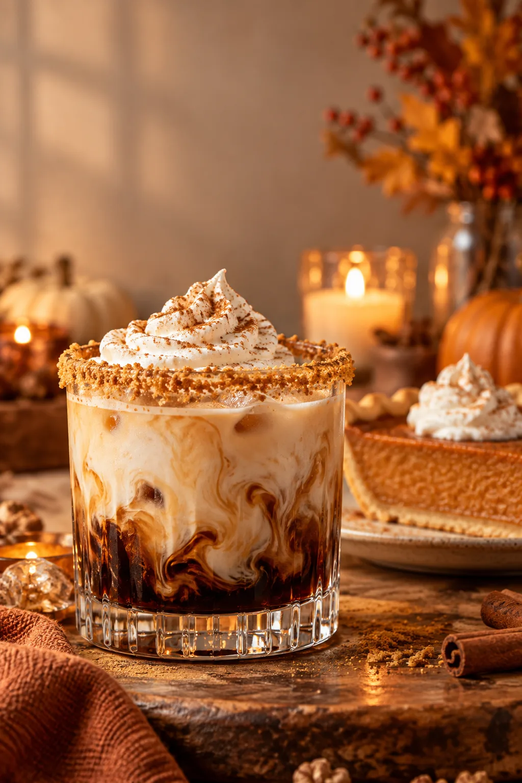 Pumpkin pie white Russian with a graham cracker rim and whipped cream