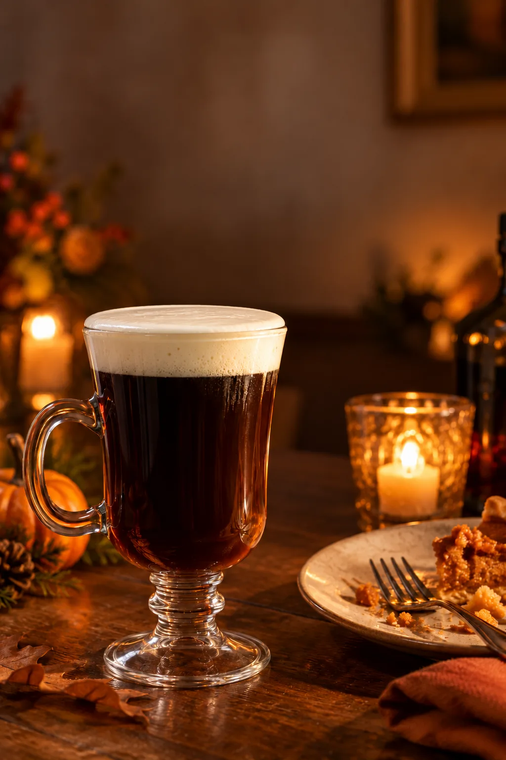 Irish coffee in a glass mug with a thick layer of lightly whipped cream