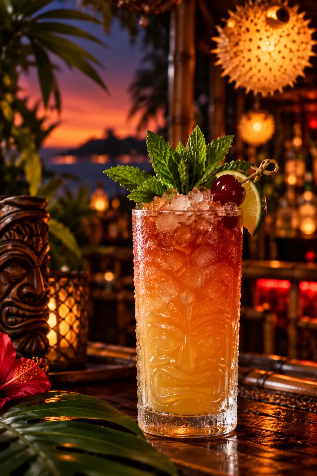 Tiki Cocktail: zombie tiki cocktail in a tall glass with mint and a cherry