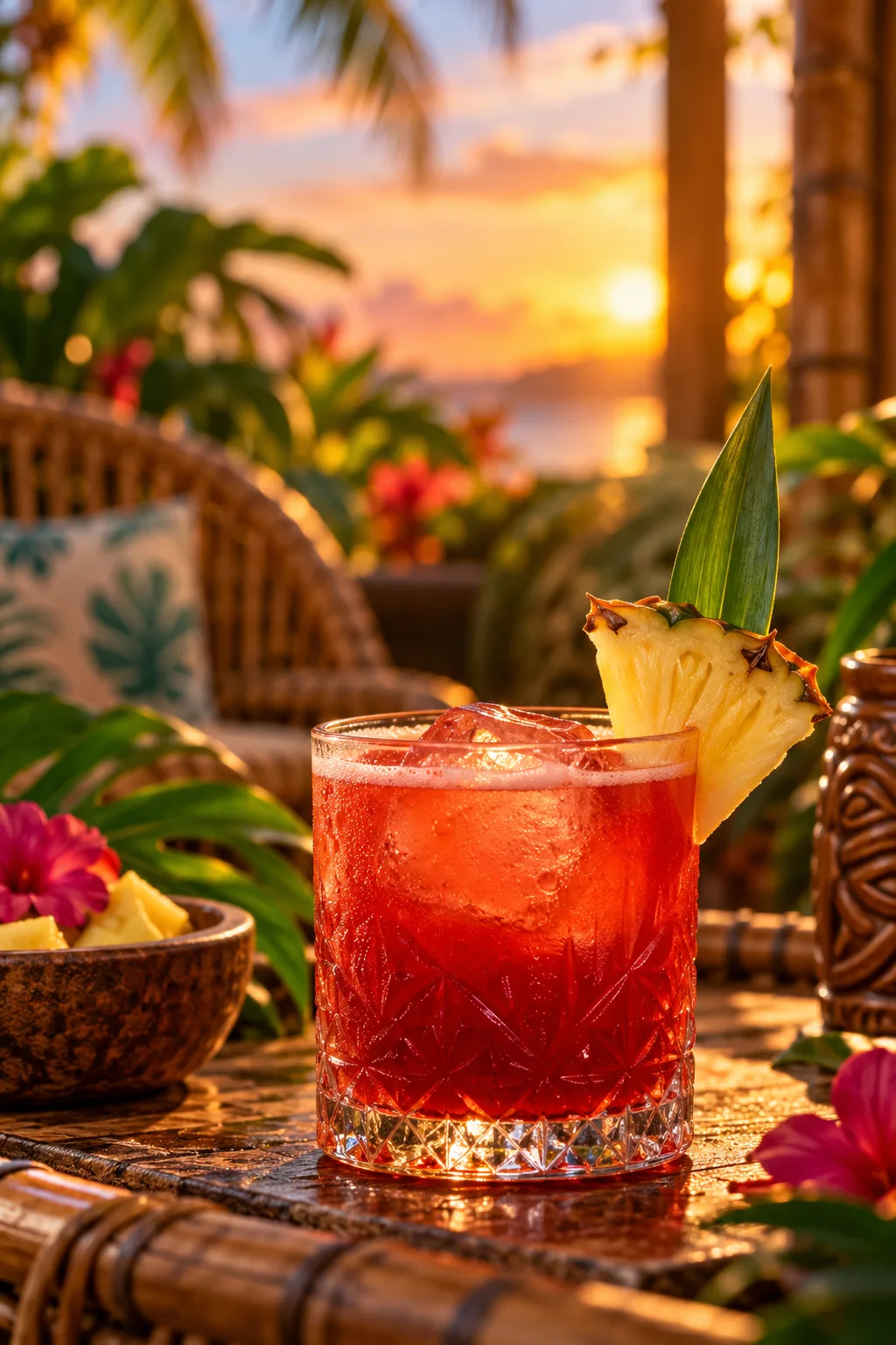 Tiki Cocktail: jungle Bird cocktail in a rocks glass with a pineapple wedge