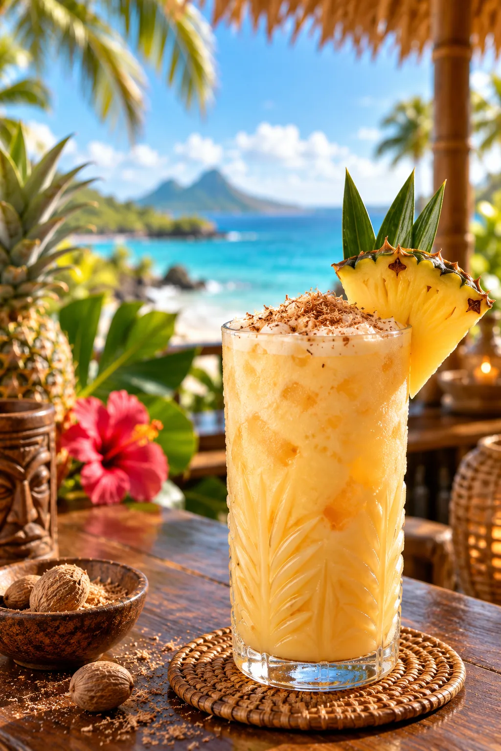 Tiki Cocktail: painkiller cocktail with grated nutmeg and a pineapple wedge