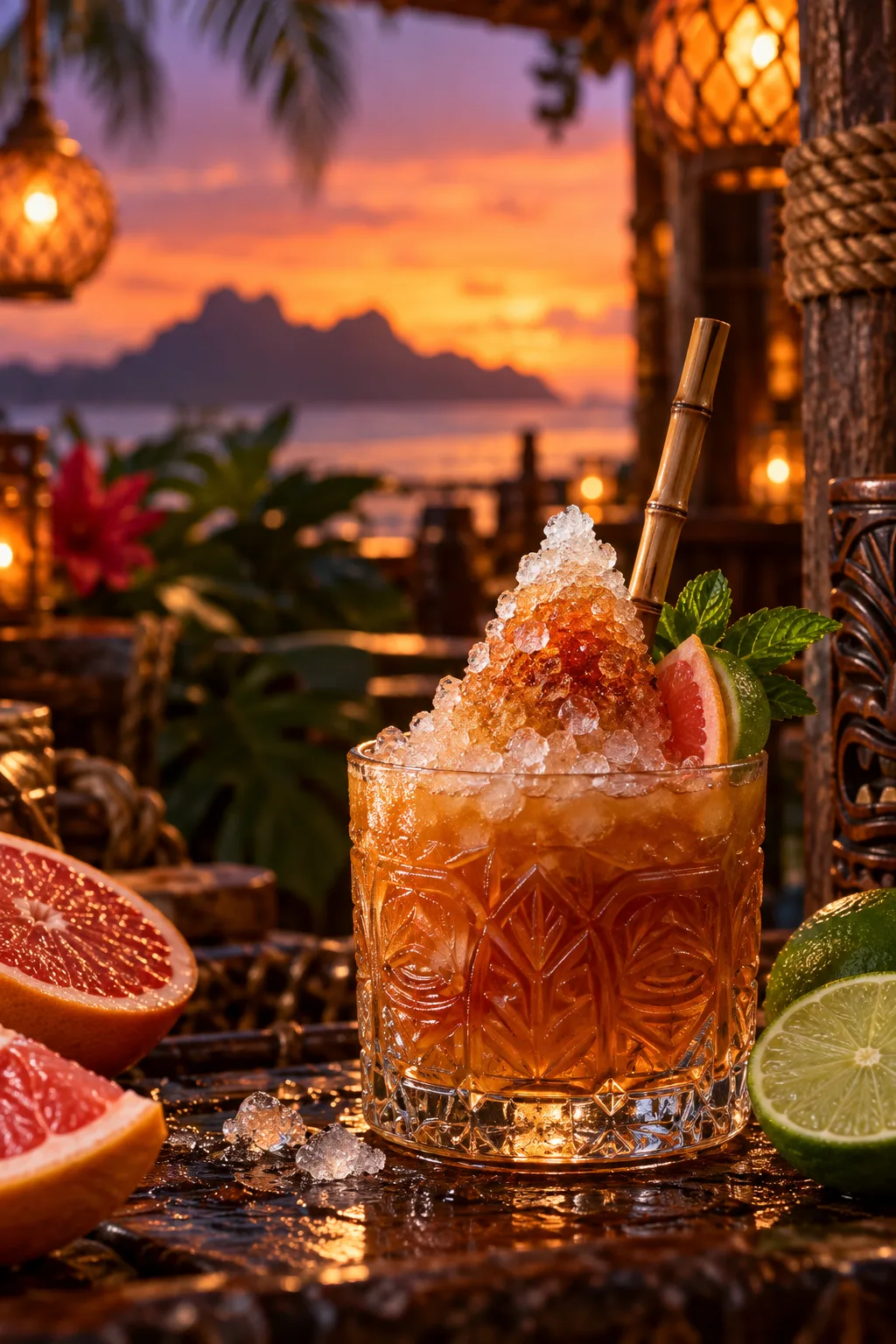 Tiki Cocktail: navy grog in a rocks glass with an ice cone around the straw