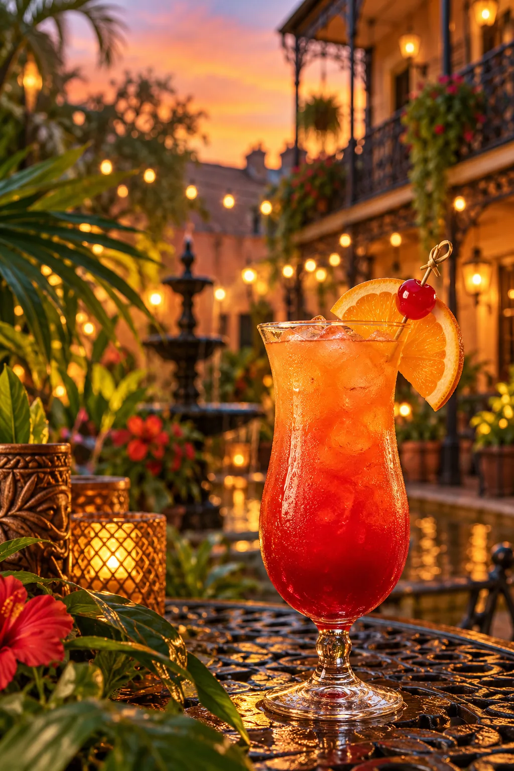 Tiki Cocktail: hurricane cocktail in a curved hurricane glass with an orange and cherry