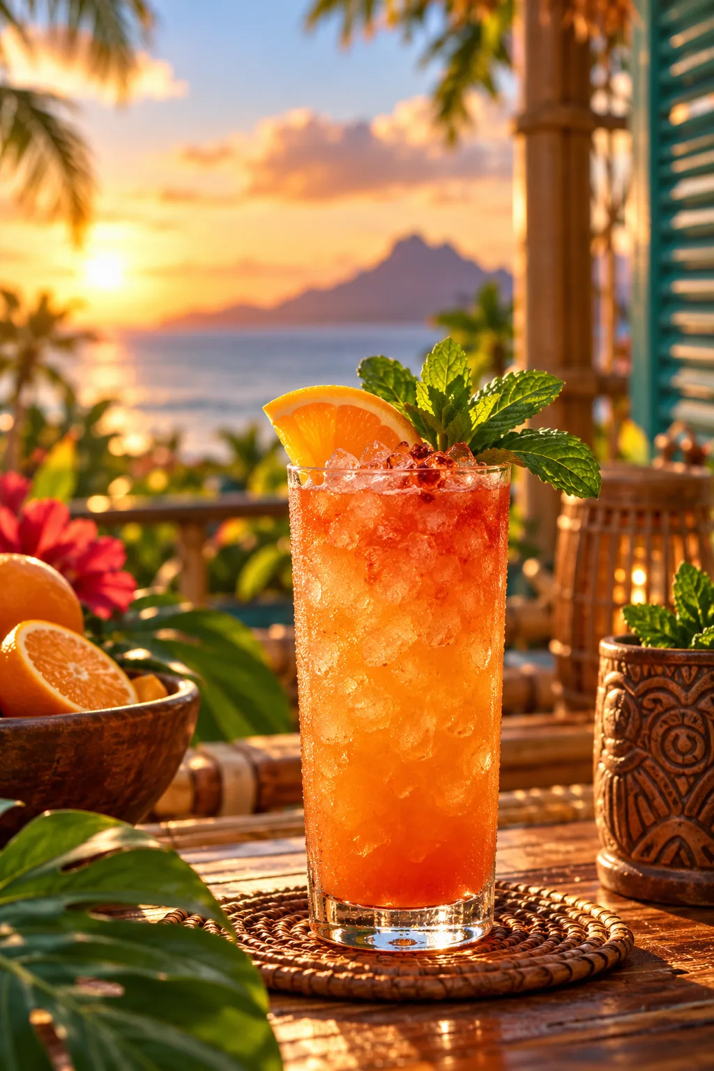 Tiki Cocktail: planter's punch in a tall glass with an orange slice and mint